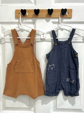 New Set of 2 H&M Cloud Island Baby Boy Overall Shorts Romper 3-6 Mo - Brown Blue